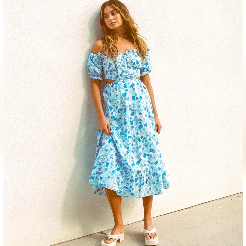 “SABO” Zara Floral Smocked Back Cut Out Midi Dress